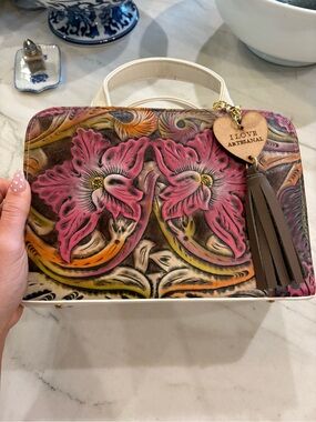 Hand-Painted Floral Leather Embossed Bag in Pink and Multicolor BRAND NEW